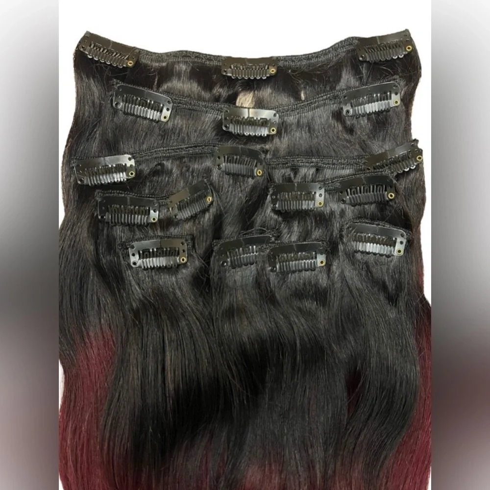 12 Inch Balayage Black & Burgundy Red 100% Human hair Clip in Extensions